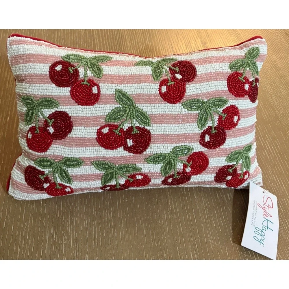 Style Happy Beaded Cherry Striped Decorative Throw Pillow Pink Red White NWT